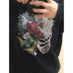 Soft Black Sweater Skeleton Flower Design Floral Pattern Butterflies